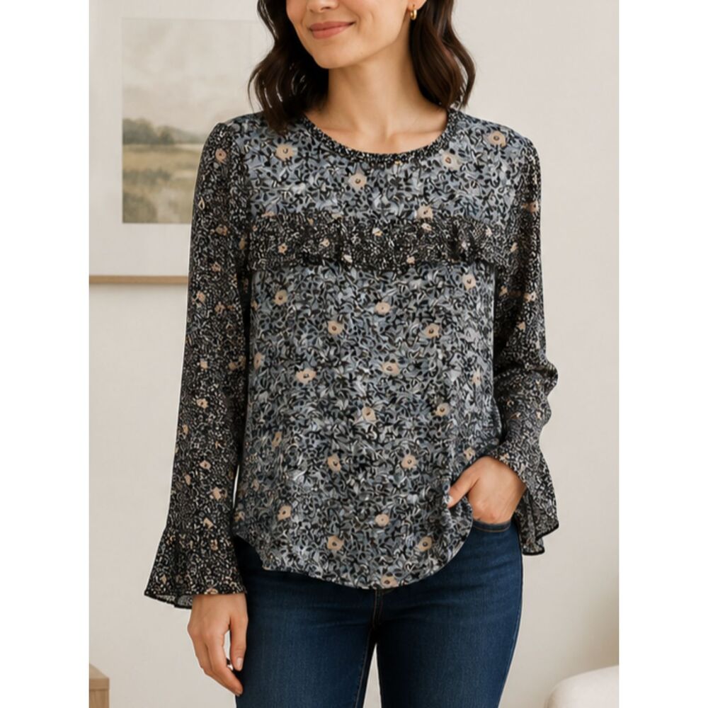 LOFT Floral Blouse Women’s Small Blue Long Sleeve Ruffle Boho Peasant Top